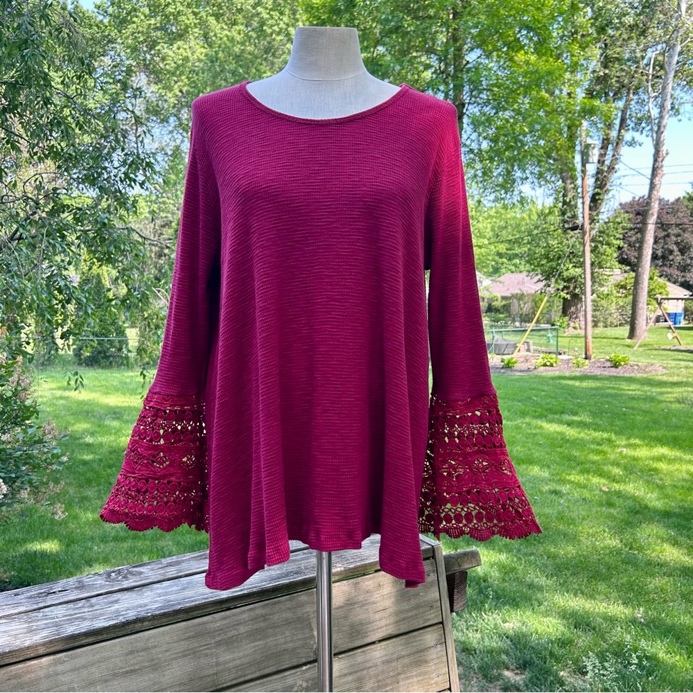 Hayden Burgundy Wine Waffle Knit Top with Large Crocheted Bell Sleeves 2X